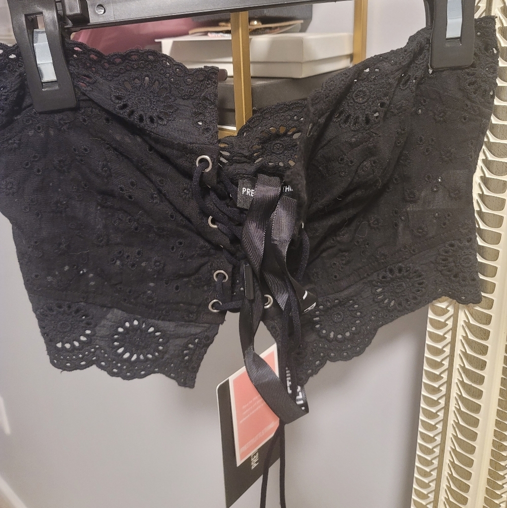 NWT Pretty Little Thing Black Eyelet Lace-Up Top